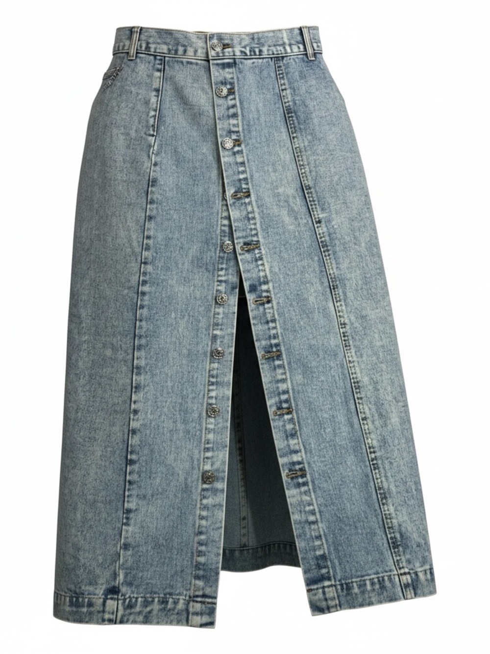 High-Waist Button-Front Denim Midi Skirt in Light Blue
